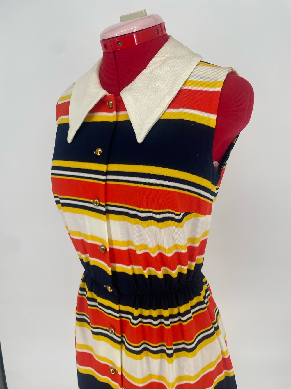 60s 70s Striped Vibrant / Primary Colors Sleeveless Collared Shirt Dress - Picture 13 of 16